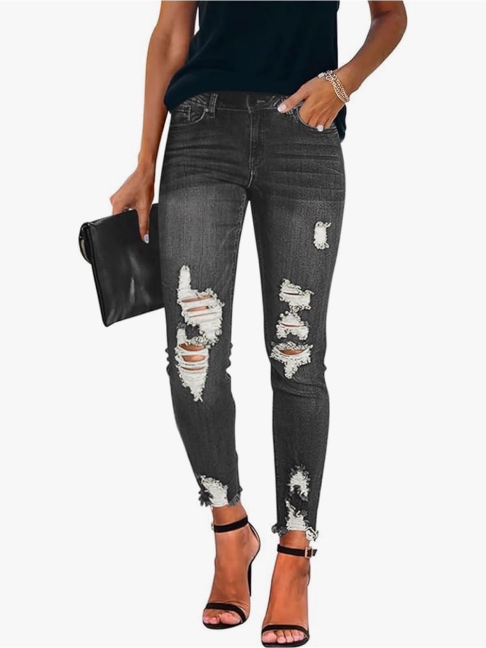 Mid- Rise Gray Butt Left Stretchy Distressed Skinny Jeans for Women Medium NWT